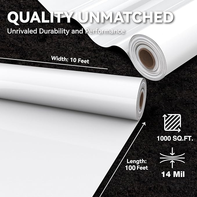 Crawl Space Vapor Barrier, 14 Mil Vapor Barrier, 10'x100', Thick White Plastic Sheeting, Drop Cloth White Vapor Barrier Covering for Crawlspace Encapsulation, Basement, Heavy Duty Polyethylene Film
