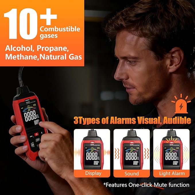 Gas Leak Detector with Flashlight Gooseneck, Rechargeable Natural Gas Leak Detector with LED Digital, Alert, Locating The Source Like Propane, Methane, LPG and Butane for Industrial, Home Kitchen RV