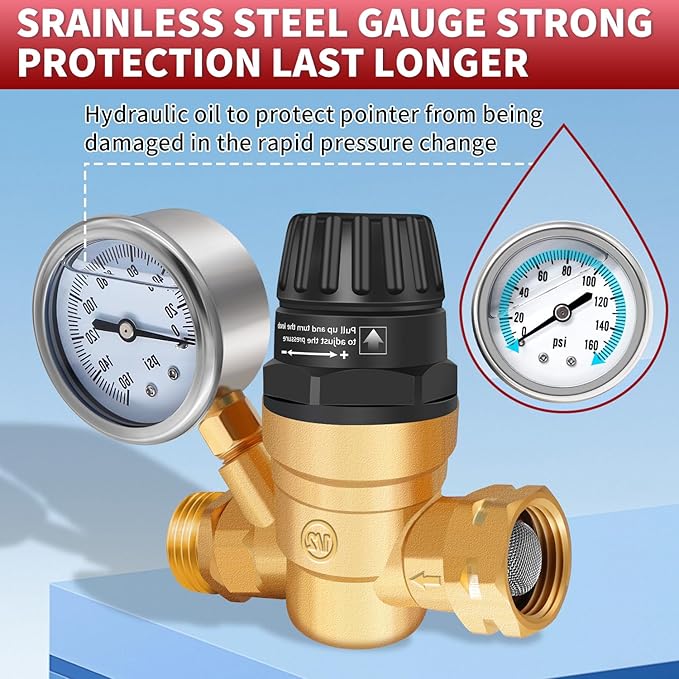 Boltigen RV Water Pressure Regulator with Gauge, 3/4'' GHT Lead-Free Brass Fresh Water Hose Pressure Reducer Valve, Adjustable Water Pressure Regulator for RV Camper