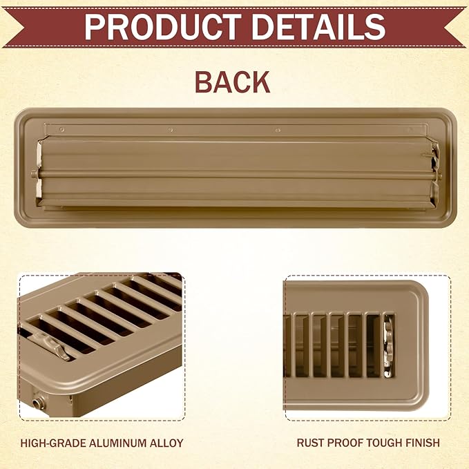 Tandefio 6 Pcs 2" x 12" Floor Register Vent Covers Metal Heavy Duty Walkable Floor Air Vent Covers with Rust Proof Finish Grille Easy Adjust Air Supply Lever for Home Wall Ceiling (Brown)