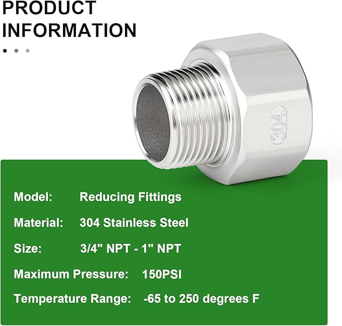 TAISHER 5PCS 304 Stainless Steel Pipe Fitting, Reducer Adapter, 3/4" NPT Male x 1" NPT Female