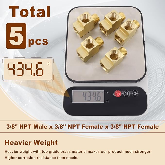 5pcs 3/8" Brass Tee Fittings 3/8" NPT Female Pipe to 3/8" NPT Male to 3/8" NPT Female Brass Barstock Street Tee Pipe Fittings 3 Way for Joining Pipe