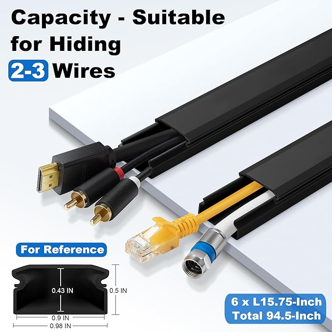 ZhiYo Cord Cover Wall Kit, 94.5in Cord Hider Wall Mounted TV, Self-Adhesive Wire Covers for Cords, Paintable Wire Hiders Cable Raceway Kit, Cable Concealer, 6 x L15.7in W0.98 H0.5in, Black