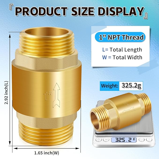 Boltigen 2Pcs 1in NPT Spring Check Valve, Brass Non Return One Way Check Valve, Vertical Inline Water Backflow Preventer for Well, Pump, Tank (1" Male x 1" Male(DN25))