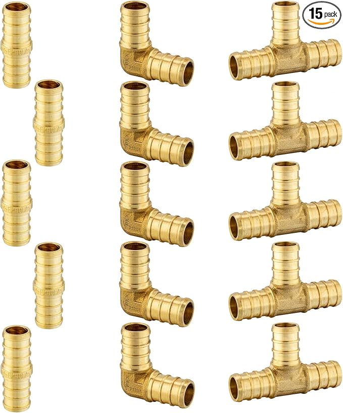 (Pack of 15) EFIELD 3/4" Pex Barb Crimp Brass Fittings MIX: Tee, Elbow and Coupling (5 PCS/Each), ASTM F1807,(PEX1807229)