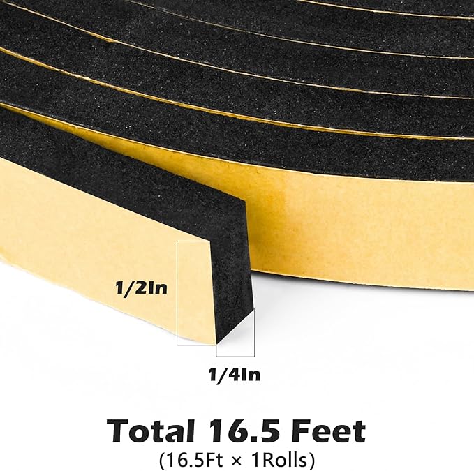 ToLanbbt Black Door Window Weather Stripping Self Adhesive Foam Tape High Density Foam Sealing Strip Window Insulation Weatherproof Gasket Tape for Doors and Windows (1/2" W X 1/4" T X 16.5')
