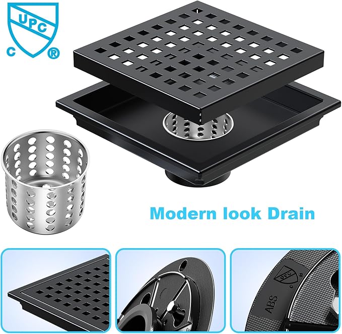 6 Inch Square Shower Floor Drain with Removable Cover Grid Grate, SUS 304 Stainless Steel, Watermark&CUPC Certified, Chrome Finishedt (Black, 6 in)