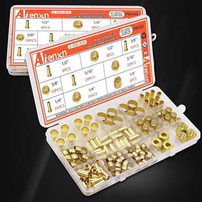 152PCS 4 Sizes Brass Compression Fittings Assortment kit- 1/2", 3/8", 5/16", 1/4" Insert, Sleeve Ferrule, Nut for Connecting air, Fuel, Water, Oil and inert Gases Lines