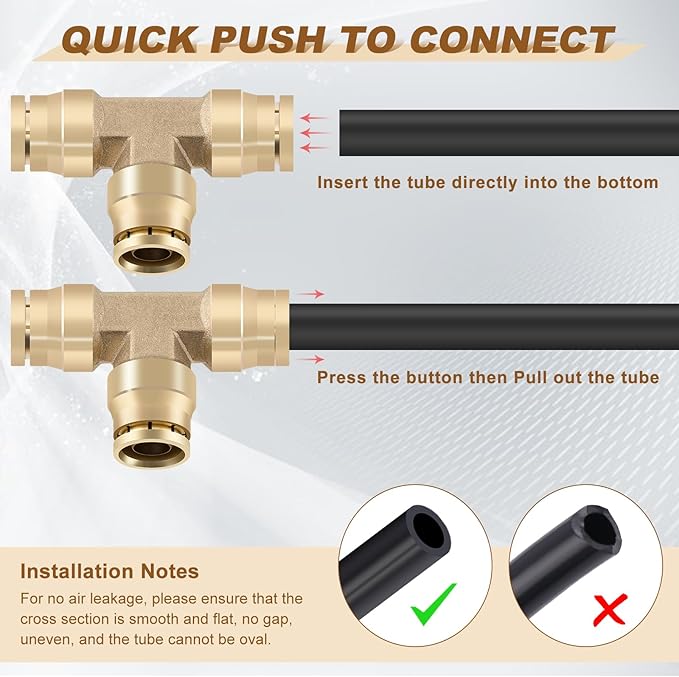 1/4" Quick Push to Connect Fittings Brass Union Tee Shaped Joint DOT Approved 1/4 Inch OD 3 Way Tube Air Line Adapter Air Spring Suspension Kit for Car Truck Trailers and Air Brake System 2pcs
