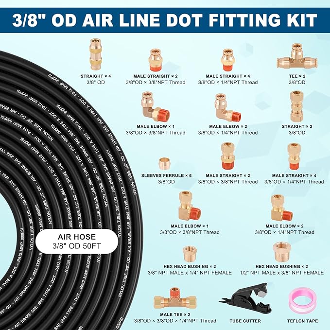 41pcs 50FT 3/8" Brass DOT Air Line Fittings Kit Quick Push to Connect Fittings 3/8 Inch Compression Air Fittings 3/8" SAE J844 PA12 Nylon Air Brake Line Tubing