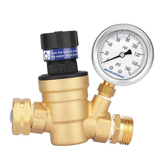MEASUREMAN Lead-Free RV Pressure Regulator, Pressure Reducer with Liquid Filled Pressure Gauge and Inlet Screened Filter for Camper, RV and Trailer