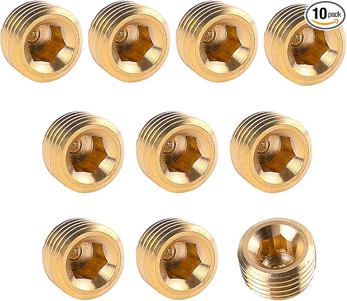 1/8" NPT Male Plug Fitting Set, 10 PCS Brass Plug Hex Counter Sunk Plug for Closing the End of, Internal Hex Socket Thread Socket Plug Kit