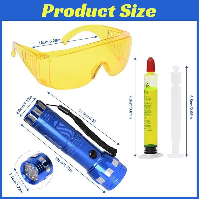 Car AC Leak Detector Kit, Professional Car Tool Automotive AC UV Dye Leak Detection Kit includes LED Flashlight and Fluorescent Protective Glasses with Box for Car Refrigerant Leak Detector Tool