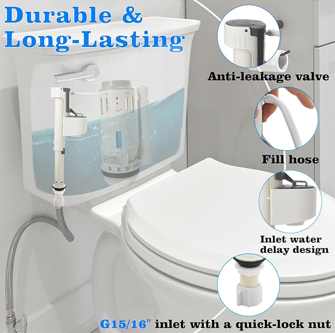 Toilet Fill Valve Replacement Kit, Universal Height Adjustable Toilet Repair Kit Inside Tank Anti Siphon Water Valve With G3/4 Connection, Equipped With G1/2 Adapter for Fast Install