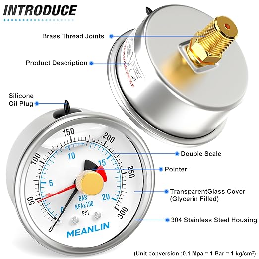 MEANLIN MEASURE 0~300Psi Stainless Steel 1/4" NPT 2.5" FACE DIAL with Reset Pointer Liquid Filled Pressure Gauge WOG Water Oil Air, Back Mount, with Brass Hex Bushing