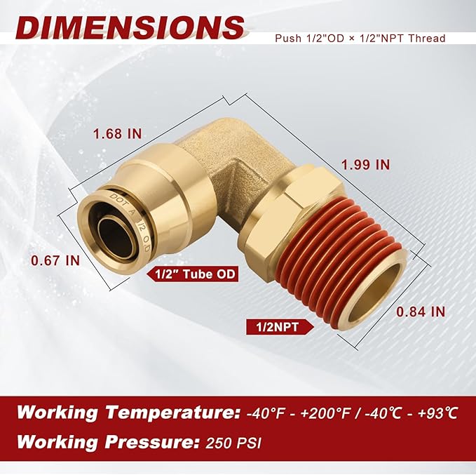 1/2" Quick Push to Connect Fittings Brass 90 Degree Union Swivel Elbow Joint DOT Approved 1/2" Tube OD x 1/2" NPT Thread Air Brake Line Adapter Air Suspension Kit for Car Truck Trailers 2pcs