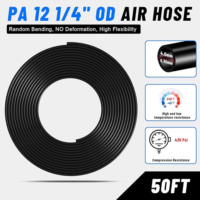 1/4" Air Line Tubing Kit,1/4" OD DOT Air Line 50 FT(15 m) SAE j844 PA Nylon Air Hose Tube and Push to Connect Fitting for Air Brake System Or Fluid Transfer,15 Pcs Compressed Accessories Kit