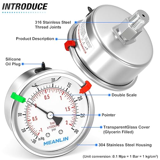 MEANLIN MEASURE -30inHG~30Psi Vacuum Pressure Gauge 316 Stainless Steel Joint 1/4"NPT 2.5"FACE DIAL, Liquid Filled Pressure Gauge WOG Water Oil Air Back Mount with Stainless Steel Hex Bushing, Snaps