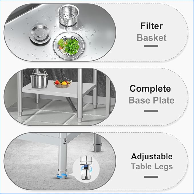 20 Inch Stainless Steel Utility Sink, Commercial Single Bowl with 360° Swivel Pull-Out Sprayer Faucet, Hot & Cold Water Lines, Drain Kit + Base Plate for Kitchen, Garage, Laundry