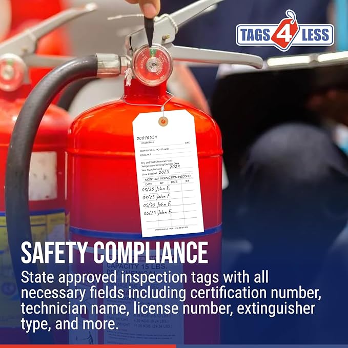 Tags 4 Less Custom Fire Extinguisher Tags – Preventative Maintenance Labels for Monthly Inspections, Alternative to Safety Sticker for Easy Record-Keeping – Pack of 100 (White, Cardboard)