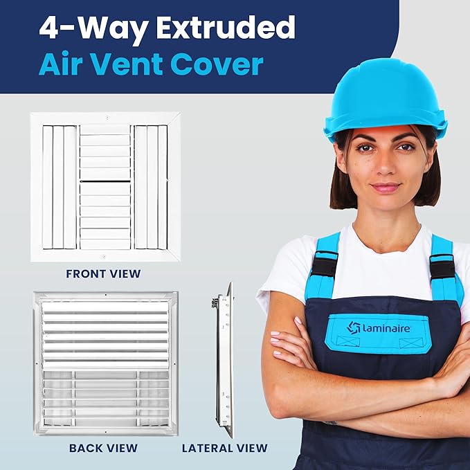 14x14 Inch (Duct Opening) Aluminum 4-Way Air Flow Vent – HVAC Vent Cover for Wall or Ceiling – Quiet HVAC Wall Register - Multi-Shutter Damper – Adjustable Curved Blade - Plastic Seal for Tight Fit