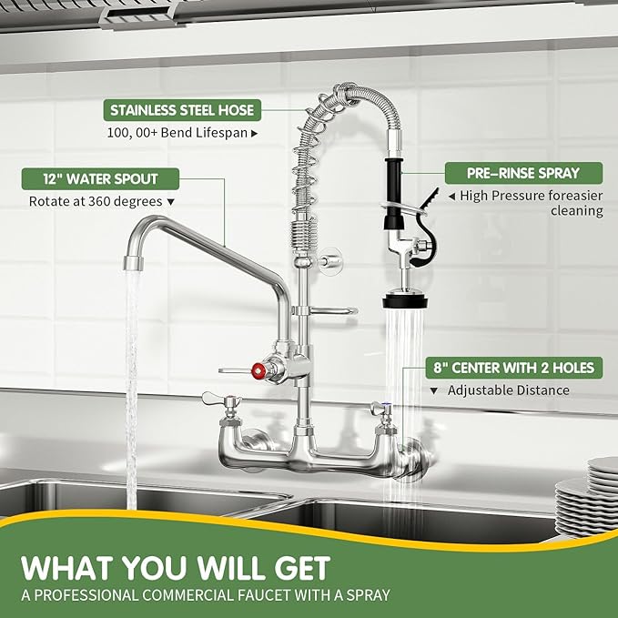 Commercial Sink Faucet,TOLSUNY Commercial Kitchen Faucet Wall Mount with Pre Rinse Sprayer,Wall Mounted Kitchen Sink Faucet for Industrial and Restaurant Sinks. (Classic, 25)