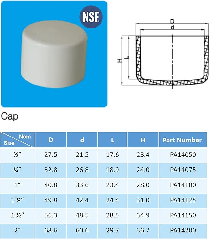 Rainbow Dream 1-1/2 Inch PVC Pipe End Cap Plug Adapter Pipe Fittings - 6 Pack, White