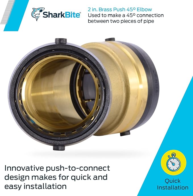 SharkBite 2 Inch 45 Degree Elbow, Push to Connect Brass Plumbing Fitting, PEX Pipe, Copper, CPVC, PE-RT, HDPE, UXL0554