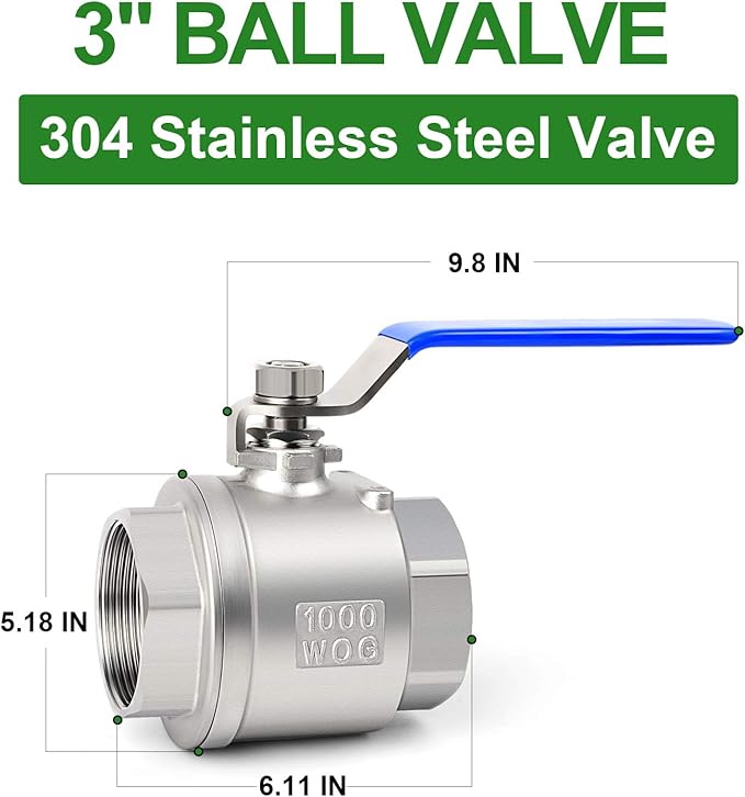 TAISHER 1 PCS 3 Inch FNPT Heavy Duty Full Porat Ball Valve 304 Stainless Steel with Blue Handles