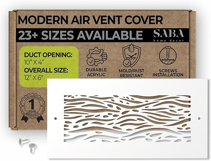 SABA Home Decor White Air Vent Cover - Acrylic Plexiglass 4" x 10" Duct Opening (6" x 12" Overall) Return Grille Decorative Covers for Walls & Ceilings NOT for Floor USE, Waves, Screws Installation