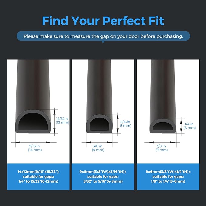 Silicone D-Shaped Weather Stripping Door Seal, 23FT Self Adhesive Door Insulation Strip, Fits Gaps up 1/8" to 1/4", for Door Frame & Window Seal (Black, 3/8" W × 1/4" T)