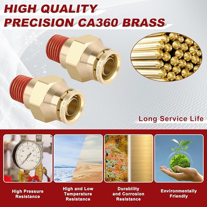 1/2" Quick Push to Connect Fittings Brass Union Straight Joint DOT Approved 1/2" Tube OD x 1/4" NPT Thread Air Line Adapter Air Suspension Kit for Truck Trailers and Air Brake System 4pcs