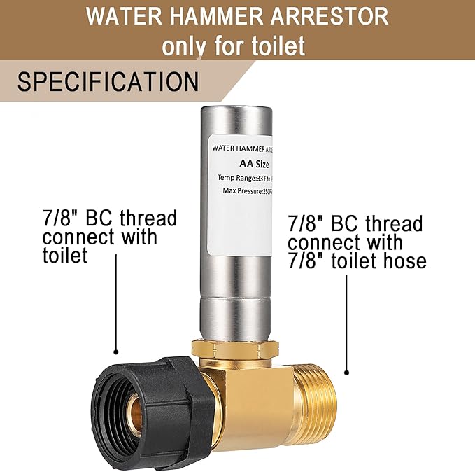 [1 Pieces] Lingmfg Water Hammer Arrestor For Toilet, 7/8 Inch BC Thread Brass LING-TWHA78-SS-1
