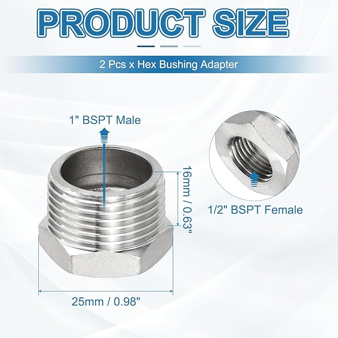 PATIKIL 304 Stainless Steel Reducer Hex Bushing 2 Pcs, 1" BSPT Male to 1/2" BSPT Female Pipe Reducing Adapter Fitting Connector for Water Gas Hydraulic Pipes Shower Hose, Silver