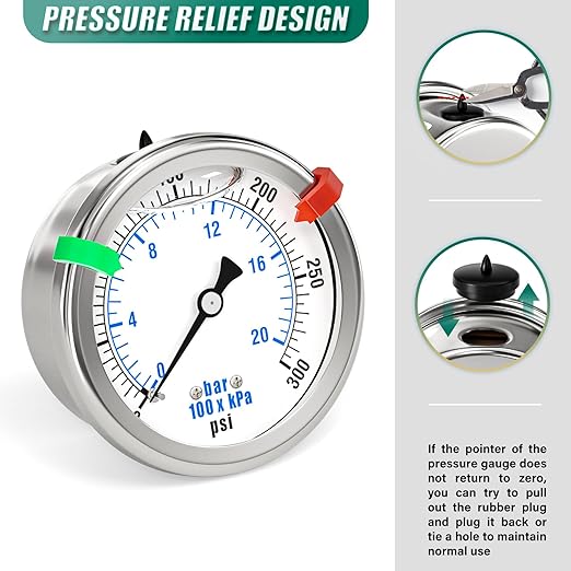 0-300PSI Stainless Steel Liquid Filled Pressure Gauge, 2.5" Dial Size, 1/4" NPT 316 Stainless Steel Joint, Back Mount, for Tube, Water Pump, Gas, Liquid (with Range Mark Pointer)