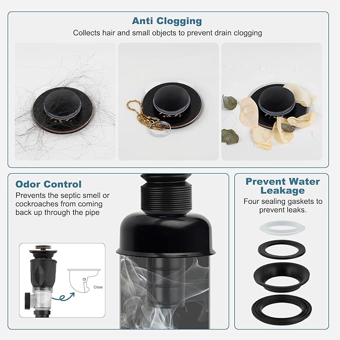iFealClear Bathroom Sink Drain Kits, Flexible P-Trap Drain Pipe with Pop Up Stopper, Bathroom Sink Pipe Replacement with 2 Adapters, Fits 1-1/4'', 1-1/2'', 2" Holes, Hair Catcher, Oil Rubbed Bronze