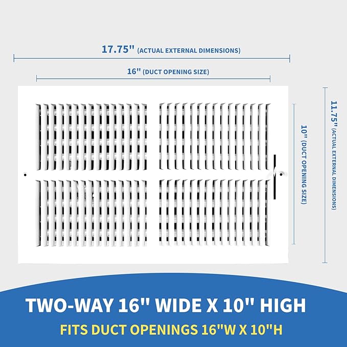 16x10 Vent Register [Duct Opening], Vent Covers for Home Ceiling, Two-Way Ventilation Register, Adjustable Solid Steel Wall Register Vent Cover (16"W x 10"H [Duct Opening])