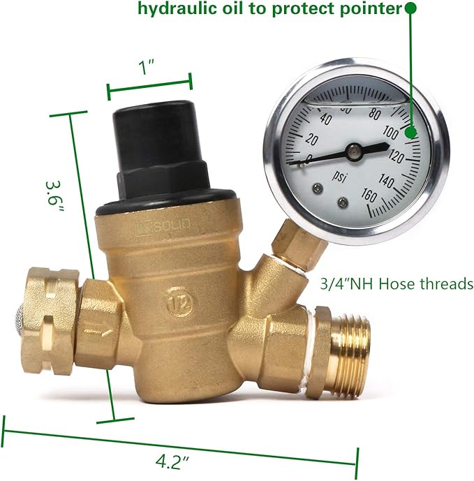 U.S. Solid 3/4" GHT RV Water Pressure Regulator, Adjustable Lead-Free Brass Water Regulator Valve with Gauge & Filter for RV, Camper & Garden Hose