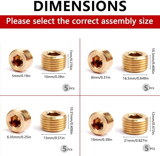 20PCS Brass Pipe Plug Fitting 1/4" 1/8" 3/8" 1/2" NPT Male Plug Hex Counter Sunk Plugs,Internal Hex Thread Socket Pipe Plugs Kit