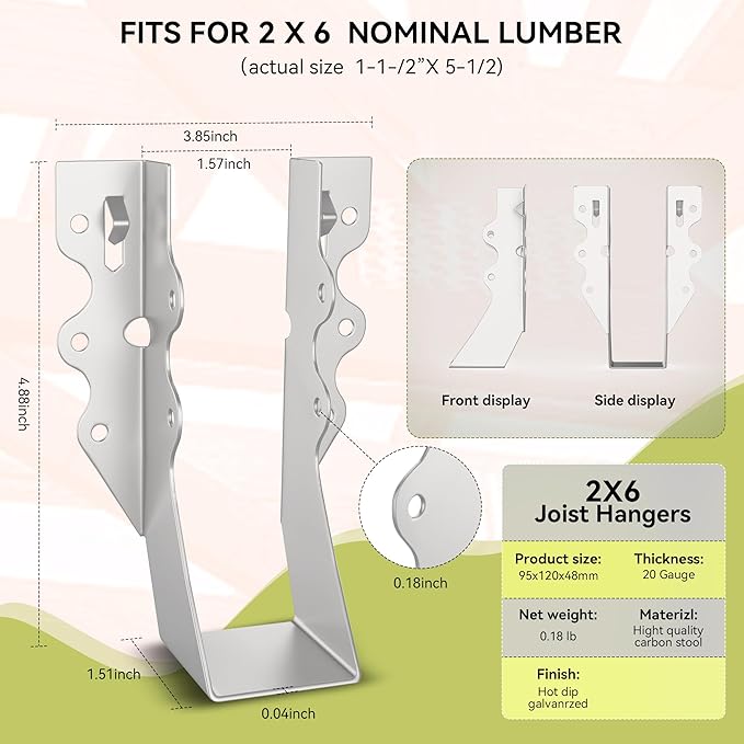 25 pcs 2x6 Joist Hanger,LU26 20 Gauge Galvanizing Face Mount Joist Hangers for Wood,Hurricane Tie for Rafter Fits Truss Connectors.Rafter Hangers 2x6 Great for Floor Deck and Ceiling Joists
