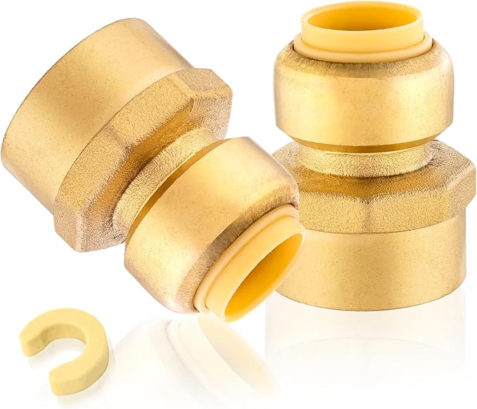 2-Pack HeSun Pushfit Female Adapter, 3/4" FNPT x 1/2" Push to Connect Plumbing Fittings with Disconnect Clip, Brass Push-fit Fittings for PEX, Copper, CPVC, PE-RT Pipes(PF038-2)