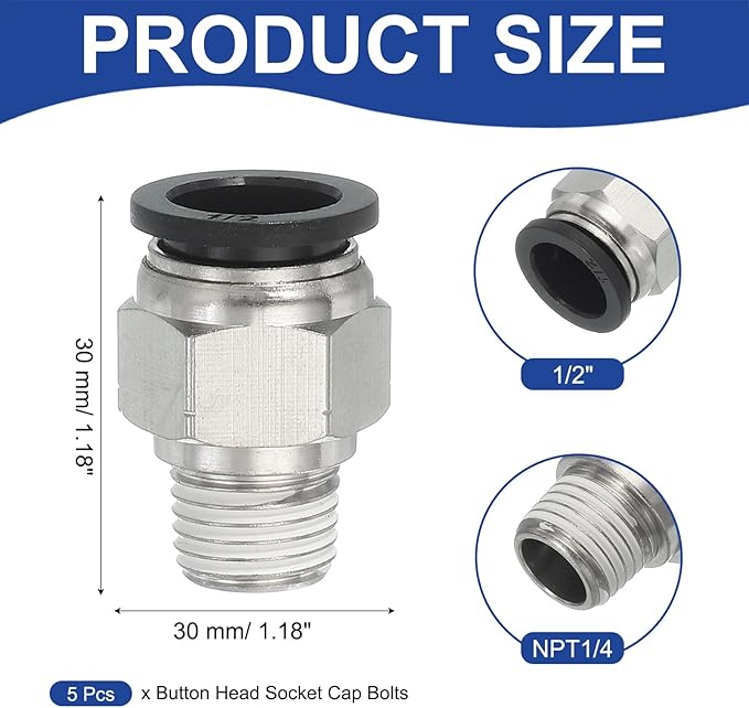 MECCANIXITY 5 Pcs NPT Push to Connect Air Fittings, Male Straight 1/2" Tube OD x 1/4" NPT Thread Air Quick Connector Coupling Adapter for Gas Hose Pneumatic Tools Black