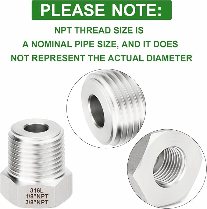 TAISHER 2PCS Forging of 316L Stainless Steel Reducer Hex Bushing, 3/8" Male NPT to 1/8" Female NPT, Reducing Forging Pipe Adapter Fitting