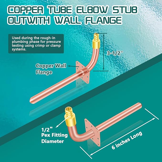 Boltigen 1/2" PEX Copper Stub Out Elbow 5-Pack with Wall Flange - 6 Inch, F1807 Certified with Stainless Steel Crimp Clamps for PEX-B/C Systems