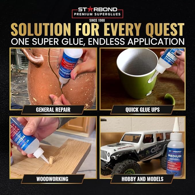 Starbond Medium Super Glue Pro Kit (2 oz) – Strong, Fast-Bonding CA Glue (Cyanoacrylate Adhesive) – with Clog-Resistant Cap, Microtips & Extra Nozzle for Quick Fixes, Woodworking, Hobby Models