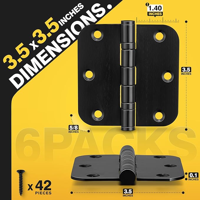 KOLET Ball Bearing Door Hinges, 3.5 Inches Black Door Hinges, 5/8'' Radius Corner Heavy Duty Stainless Steel Hinges, Smooth and Quiet, Non Removable Pin, Matte Black, 6 Pack