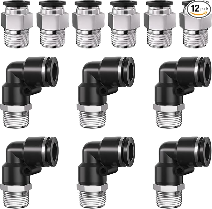 5/16" 8mm Tube OD to 1/4" NPT Thread Push to Connect Fittings,Pneumatic Quick Air Hose Fittings,Male Straight + Elbow,PC+PL(12pcs)