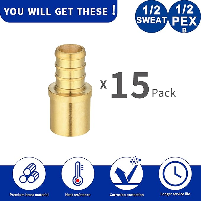 (15 Pack) Lidertik Copper to PEX Fittings 1/2 inch, 1/2" PEX-B F1807 x 1/2" Male Sweat Adapter Brass LI-APXMS1212(15 PCS)