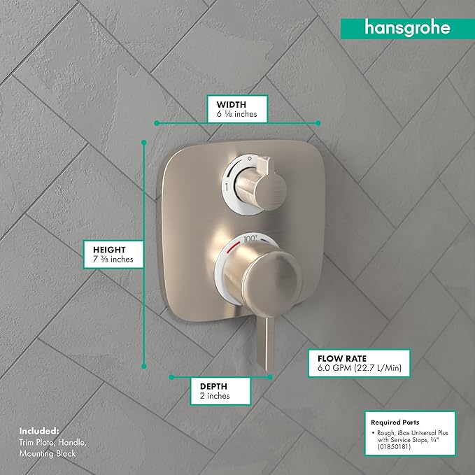 hansgrohe Ecostat E Modern Thermostatic Shower Valve Trim with Temperature Control and Diverter in Brushed Nickel, 15708821