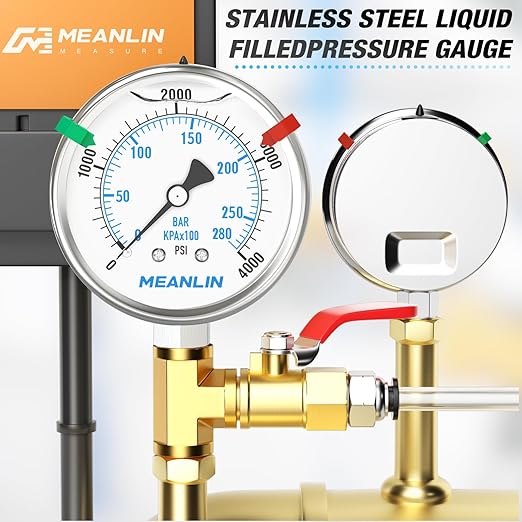 MEANLIN MEASURE 0~4000Psi Stainless Steel Liquid Filled Pressure Gauge 2.5" FACE DIAL 1/4" NPT for WOG Water Oil Air Lower Mount with Stainless Steel Hex Bushing and Snaps
